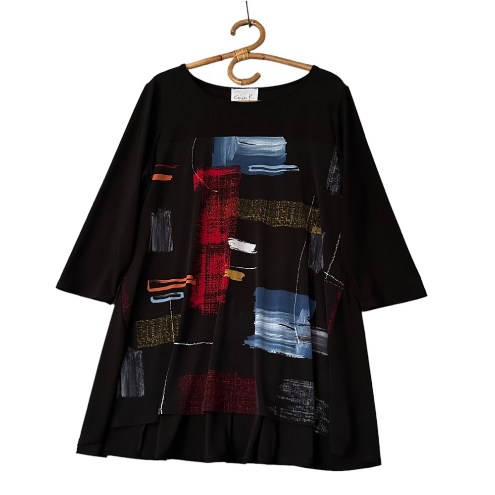 Compli K | Abstract Print 3/4 Sleeve Stretch Tunic Top Size L